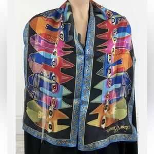 Laurel Burch Silk SCARF Oblong Tribal Cat Faces Wrap Retired multicolor